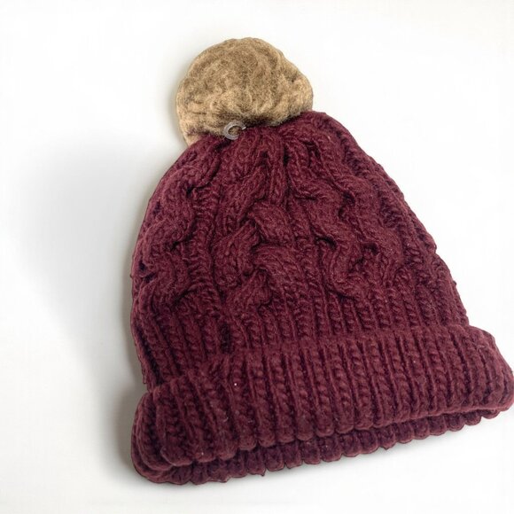 Barbour Cable Knit Hat With Faux Fur Pom-Pom Burgundy Red Acrylic Wool OS 8"x10" - Picture 2 of 8